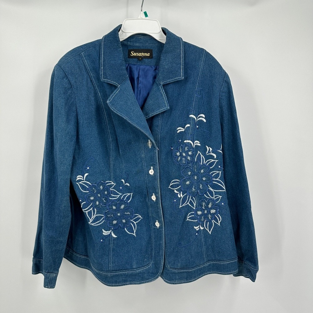 Womens Vintage Cottagecore Denim Blazer Jacket Womens Size 18 Floral Embroidered